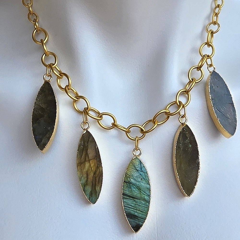 Handmade Labradorite Leaves Necklace 10k Gold Plate